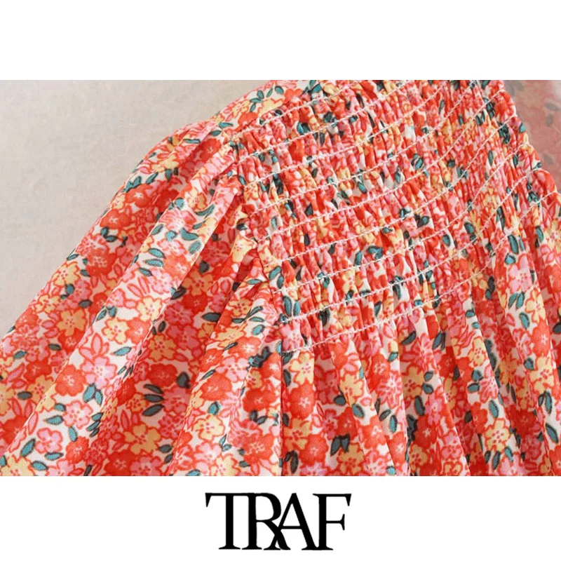 TRAF Sieviešu Šiks Modes Ziedu Drukāt Elastīgs Smocked Mini Apvalks Kleita Vintage V Kakla Mežģīņu Sieviešu Kleitas Vestidos