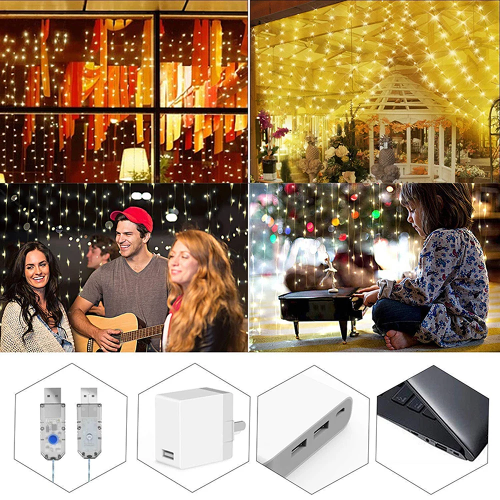 3M*3M USB LED Aizkaru String Lights Flash Pasaku Vainags Tālvadības pults, Lai Jaunais Gads Ziemassvētku Āra Kāzu Mājas dekoru 300LED