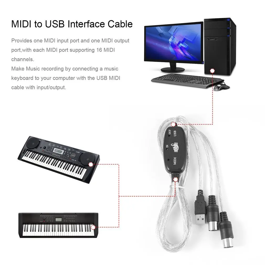 MIDI USB IN-OUT Interfeisa Kabeli un Adapteri Klaviatūras Elektronisko Bungu Mūzikas Radīt Converter PC Mūziku Tastatūras Vadu