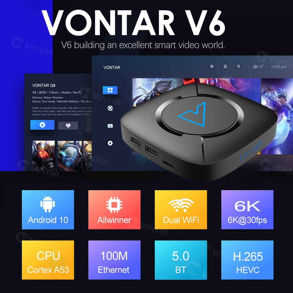 Ir 2021. VONTAR V6 Smart TV Box Android 10 4G 64GB Atbalsta 1080p 4K 3D, Dual wifi BT5.0 Google Voice Spēlētājs Veikalā Youtube Set Top Box
