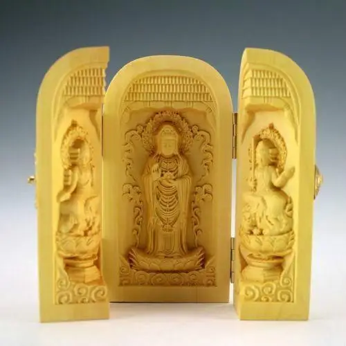 Sākotnējā Izsmalcinātu Ķīniešu Vintage Boxwood Handwork Cirsts Kuan yin Statuja Lodziņā koka amatniecības