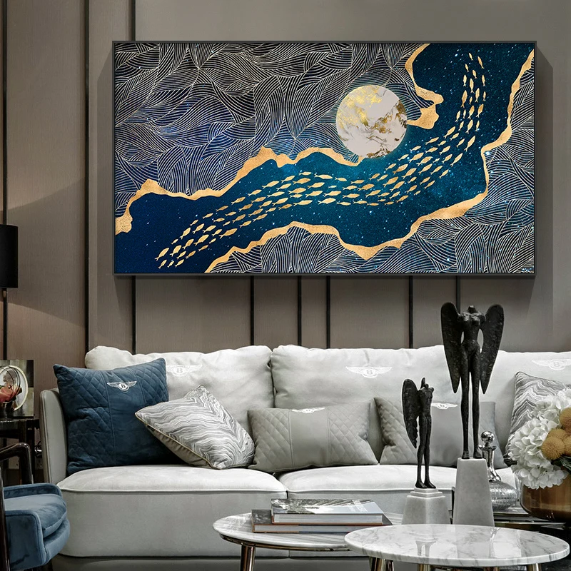 Anotācija Mūsdienu Dekoru zelta zivis n mēness Kanvas Glezna, Plakāts Un Izdrukāt Sienas Art Attēlus Dzīvojamā Istaba Guļamistaba Dinning Room