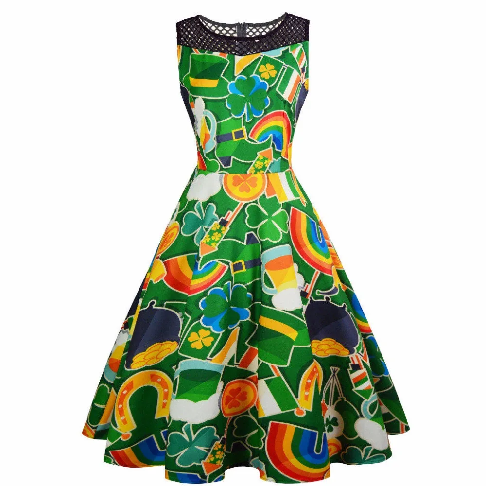 Jaunā pakete St. Patrick ' s Day ārējās tirdzniecības Amazon jauno sieviešu retro mežģīņu piedurknēm āboliņš printed kleita