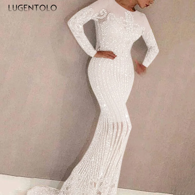 Sequin Kleita Sievietes Puses Elegants Balts Slim Kleitas ar garām Piedurknēm O-veida kakla Dāmas Vakariņas Modes Maxi Kleita Lugentolo