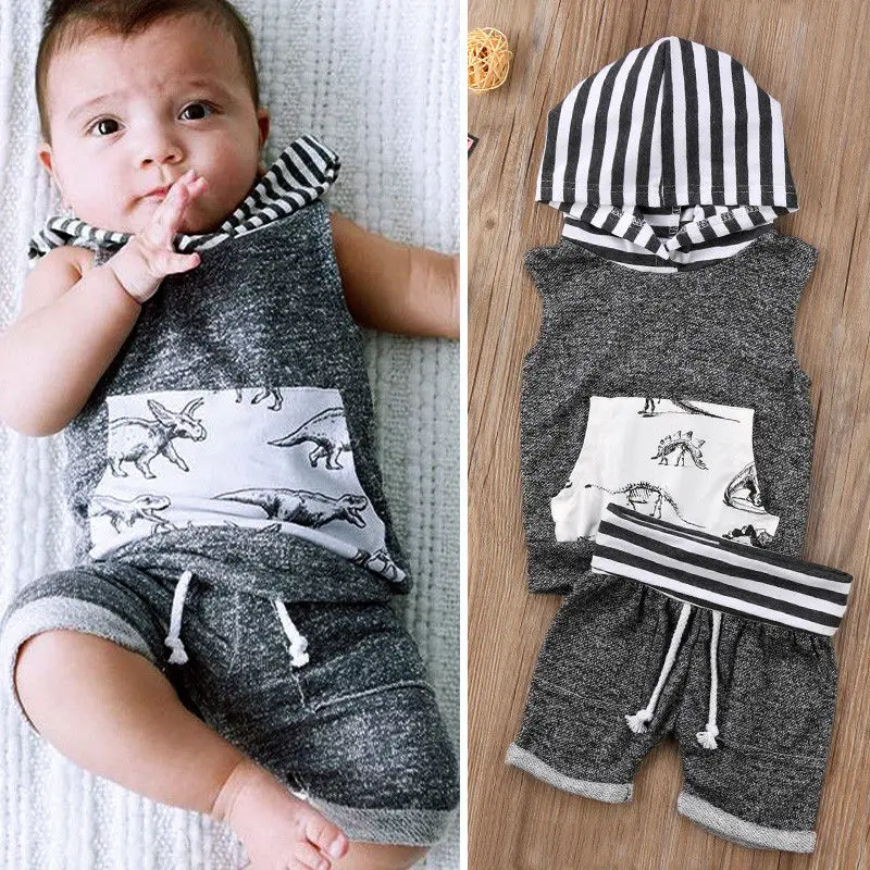 2019 jaunu gadījuma Toddler Bērniem, Baby Boy svītrainām piedurknēm kapuci Topi+Šorti Bikses 2gab bērnu Apģērbs Dinozauru Apģērbu Komplekts