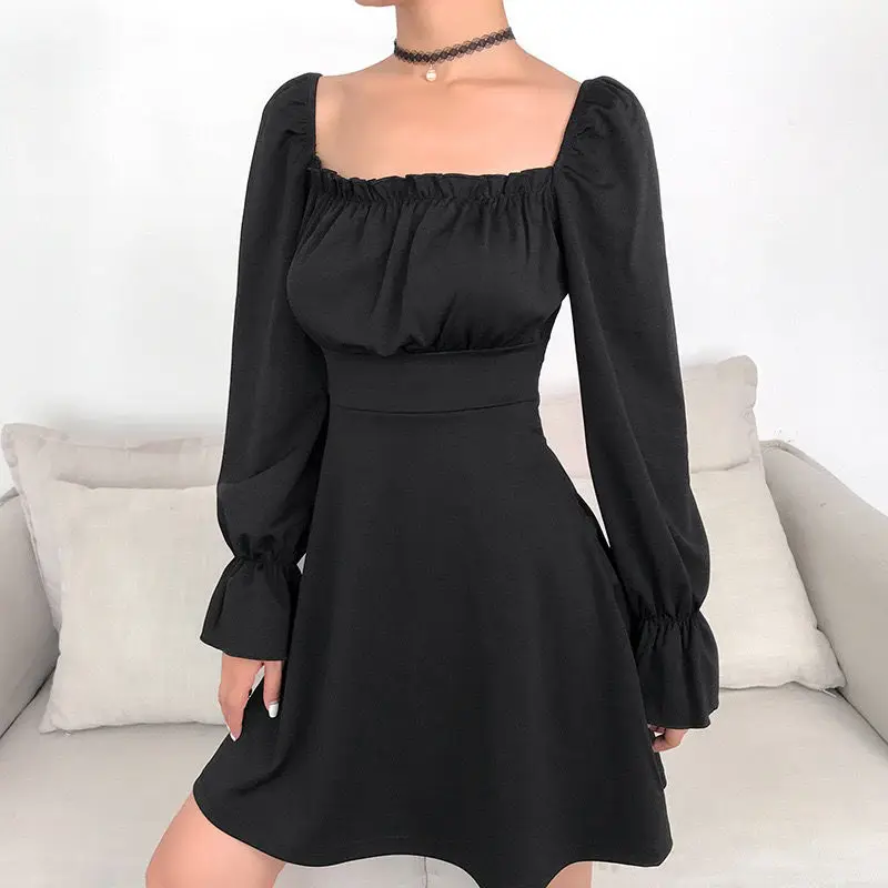 Vintage Black Goth Kleita Sieviete Drēbes Backless Sexy Pārsējs Kleita Ar Garām Piedurknēm Pie Pleca Puff Piedurknēm, Elegants Tunikas
