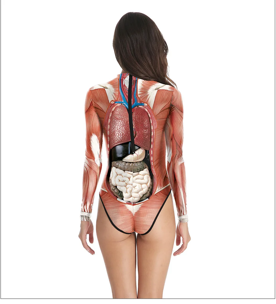 Cilvēka Anatomija 3D Drukas garām Piedurknēm Sexy Viens Gabals Peldkostīms Sieviešu Entrail Modelis Bodysuit Sievietes Ķermeņa Uzvalks Gadījuma Jumpsuit