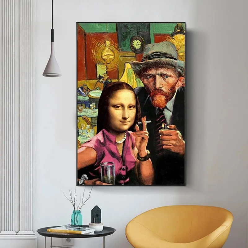 Smieklīgi Sienas Mākslas Mona Lisa un Van Goga Smēķēšanas Audekla, Gleznas, Mākslas Plakāti un Izdrukas Da Vinči Slavenās Gleznas Dzīvojamā Istaba