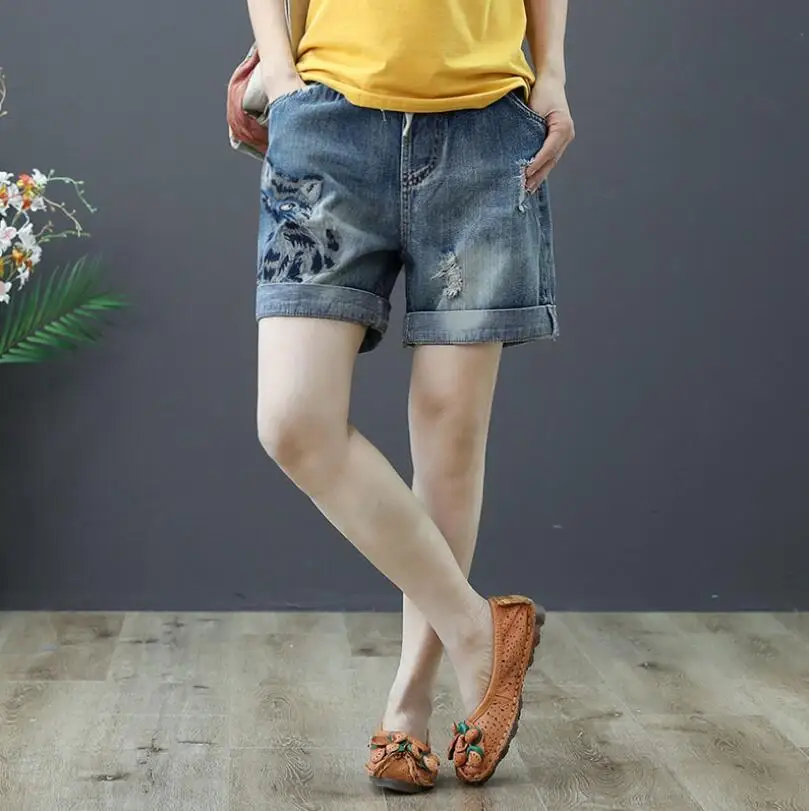 2019. gada vasarā jaunu Vintage zaudēt augstās jostasvietas bikses, džinsi sieviete Elastīgs viduklis Kaķēns izšuvumi femme džinsa bikses p1439