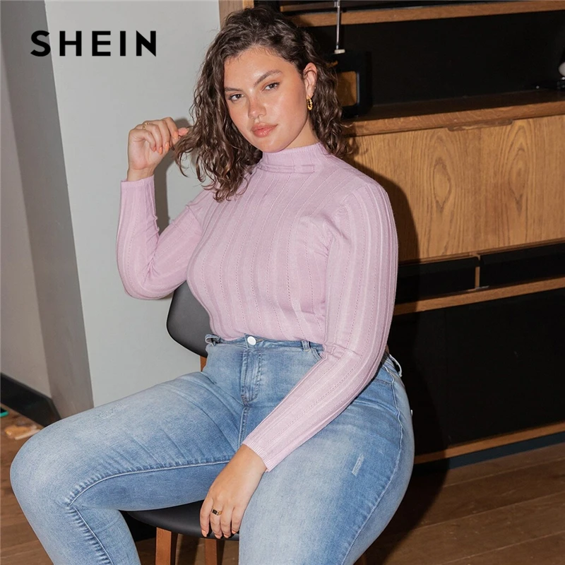 SHEIN Plus Lieluma Cietā Stāv Apkakle Adīt Džemperi, Puloveru, Sieviešu Rudens garām Piedurknēm Slim Fit Basic Topi Gadījuma Džemperi