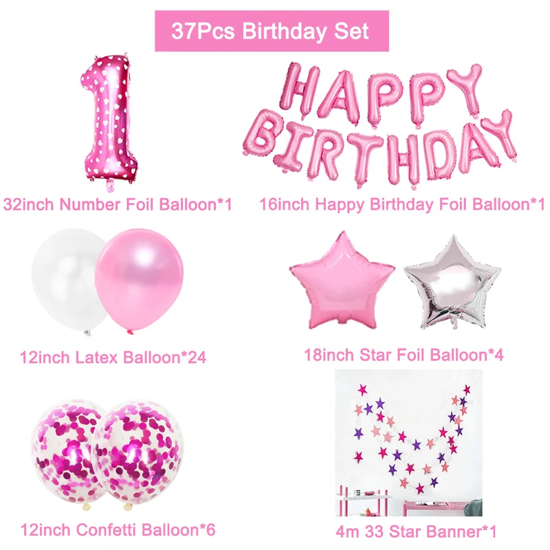 37pcs Rozā Skaits 1 Folijas Lateksa Baloni Uzstādīt Pirmās Dzimšanas dienas Puse Rotājumi Mans Viens Gads 1. Bērns Princese Meitene Zēns Piederumi