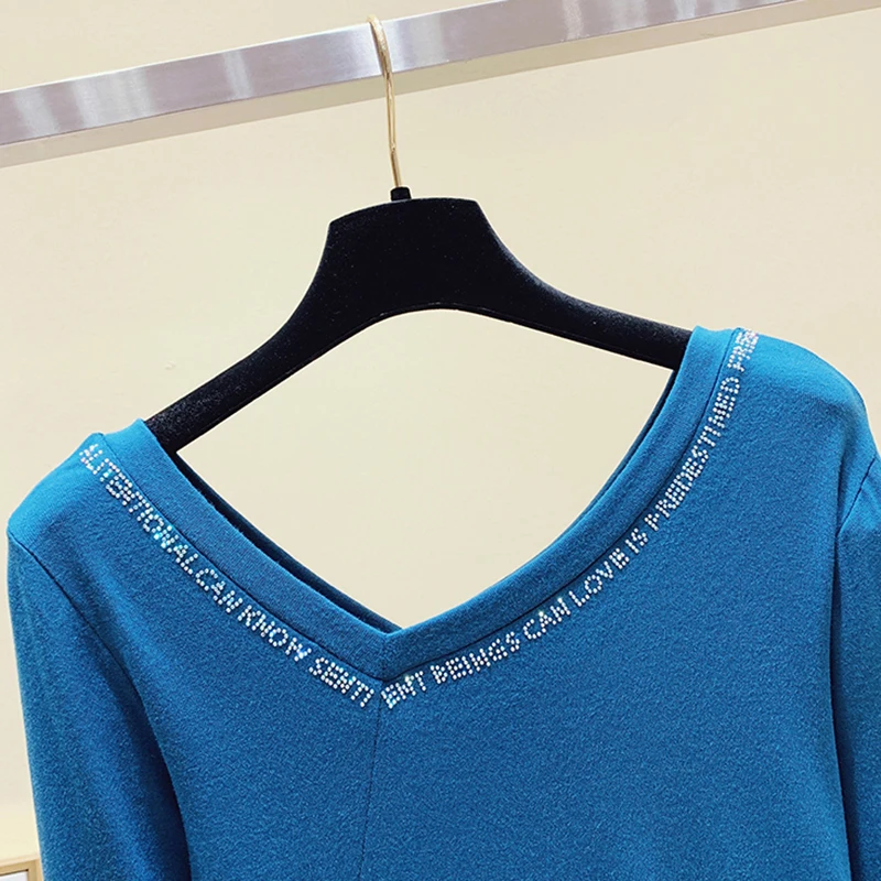 AOSSVIAO V-veida Kakla T-Krekls Sievietēm 2020. Gadam, Modes Rudenī Kravu Kokvilnas T krekls ar garām Piedurknēm Topi Plus Lieluma Gadījuma Mīksto Tee Kreklu Femme