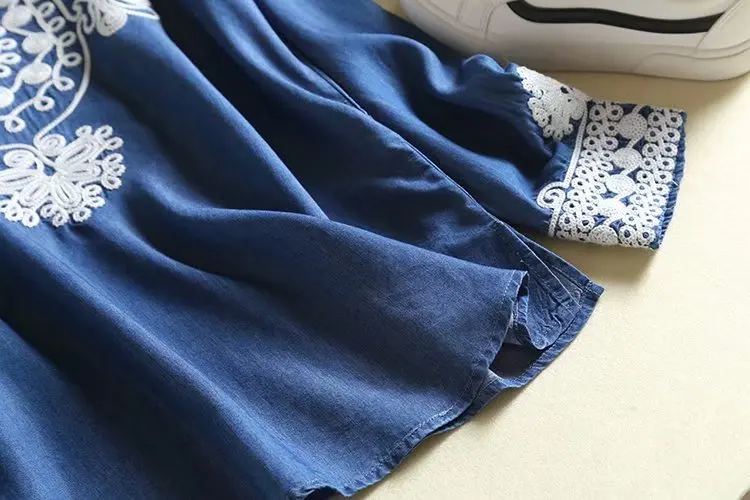 Izšuvumi tencel džinsa krekls sievietēm ar garām piedurknēm blūze kokvilnas mīksta džinsi, krekls, blūze zilā gadījuma zaudēt ziedu topi darba apģērbs