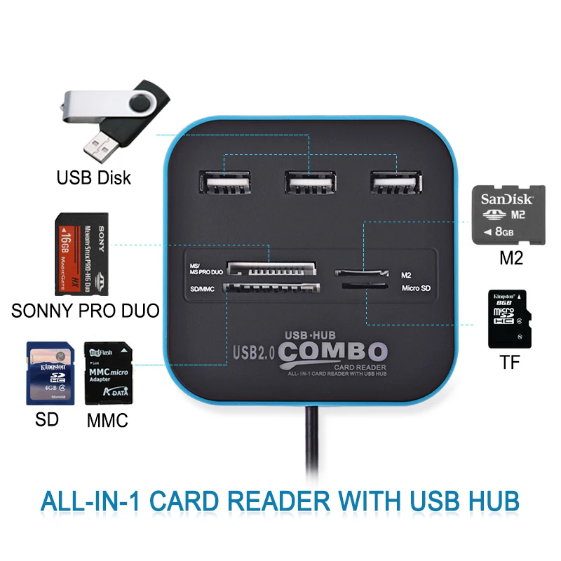 USB HUB Combo Viss Vienā USB 2.0 Micro SD High Speed atmiņas Kartes Lasītājs 3 Porti Adapteris Savienotājs Tablet PC Datoru, Klēpjdatoru
