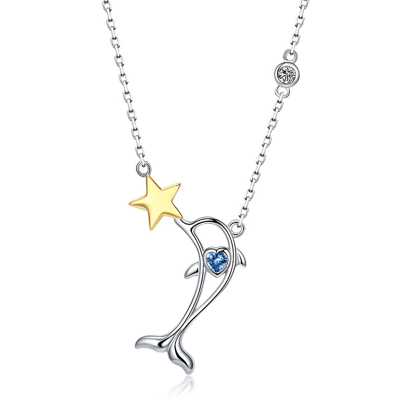 925 Sterling Silver Blue Zircon Cute Dzīvnieku Delfīnu Zvaigžņu Kulons Ķēde, Kaklarota Sieviešu Modes Rotaslietas Dāvanu-Bezmaksas Piegāde