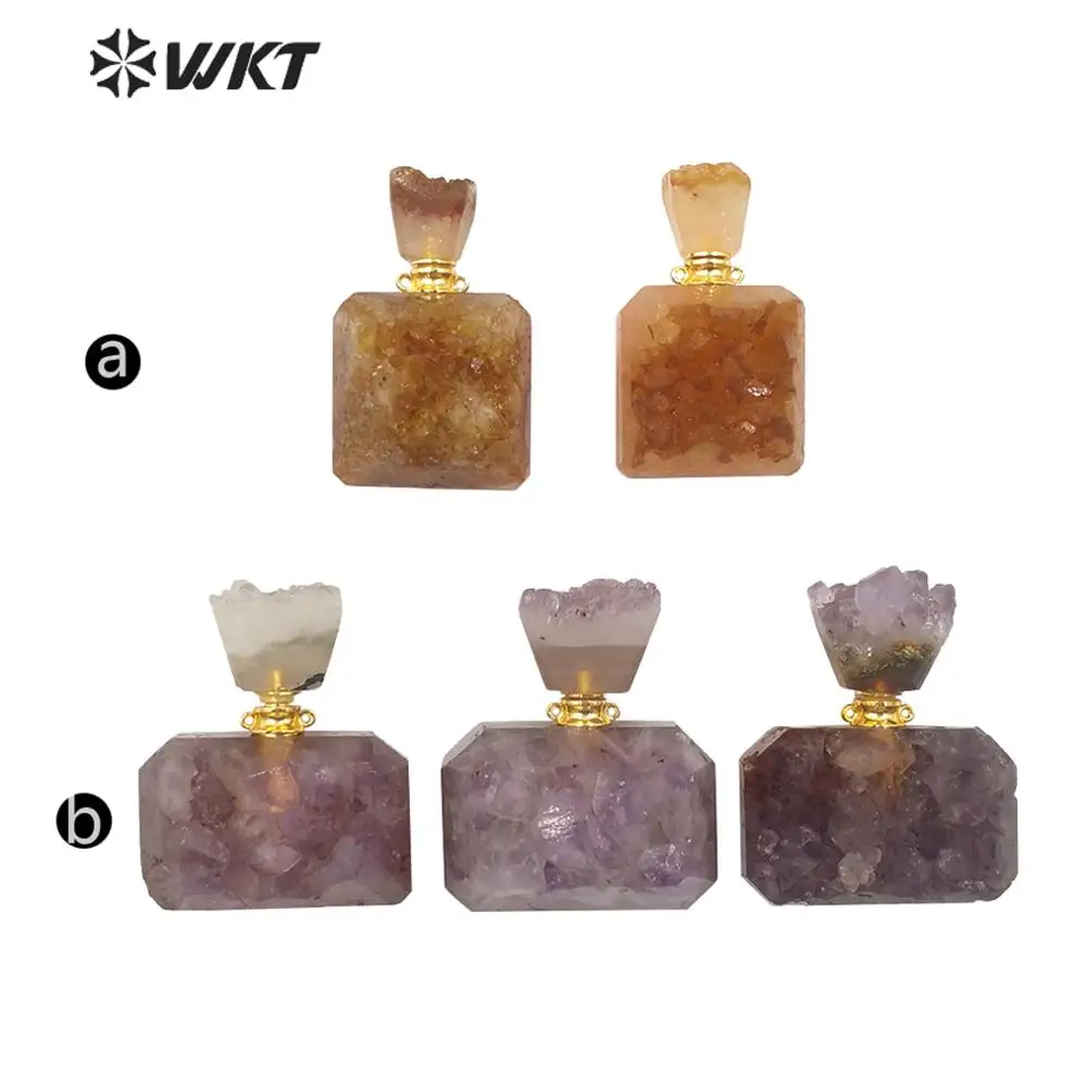 WT-P1510 Karstā krāšņs druzy a methyst un dzeltenā kvarca akmens smaržu pudeli, kulons, dabiskā akmens smaržu pudeles kulons