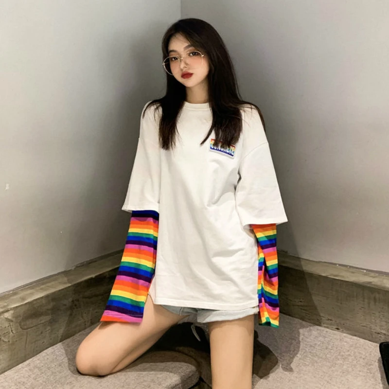 Ilgtermiņa Piedurkne Krekli, Sieviešu Varavīksnes Svītrainām Plāksteris Dizainu Ilgi stila korejiešu Atpūtas Hip-hop Modes Sieviešu T-krekls Tīņi Preppy Jaunas