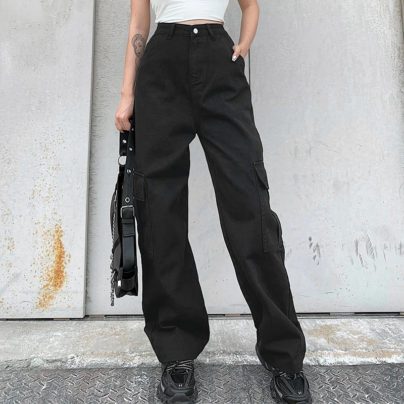 Jauno Modes Kabatas Raibs Augsta Vidukļa Džinsus Dāmas Streetwear Taisnu Kāju Džinsi Sievietēm Zilas Kokvilnas Kravas Bikses