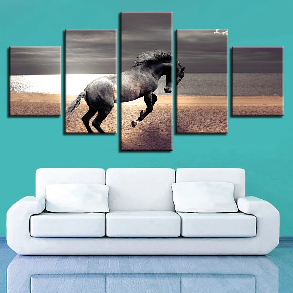 Modernās Istabas Sienas Mākslas Apdare, Rāmis, 5 gab Dzīvnieku Zirgu Darbojas Ainavu Glezniecības HD Izdrukā Plakātu Par Moduļu Kanvas Bildes