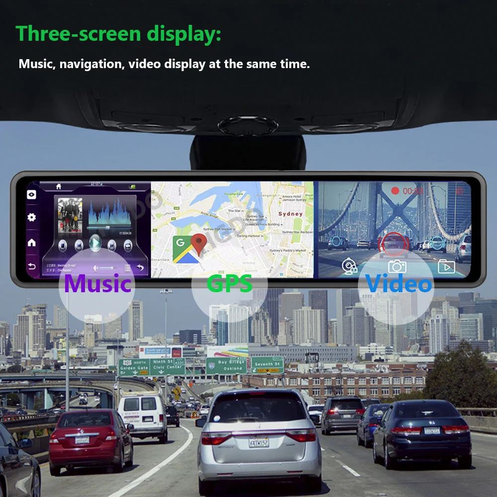 12 collu Android 8.1 straumēšanas multivides atpakaļskata spogulī, 4G, WiFi, GPS priekšējā un aizmugurējā 1080P dual objektīvs paneļa skaņas kontroles navigator