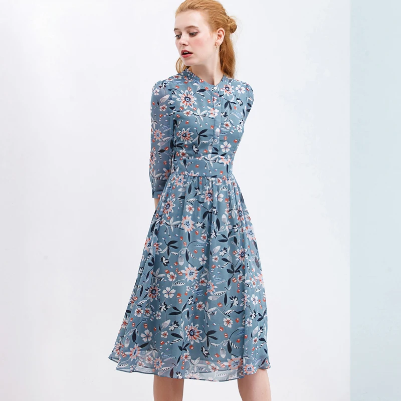 TIKAI PLUS 2020. gada Vasaras Kleita Sievietēm Iespiests Ziedu Šifona Kleita Buttoned Up-line Pusi Piedurknēm Kleita Sievietēm