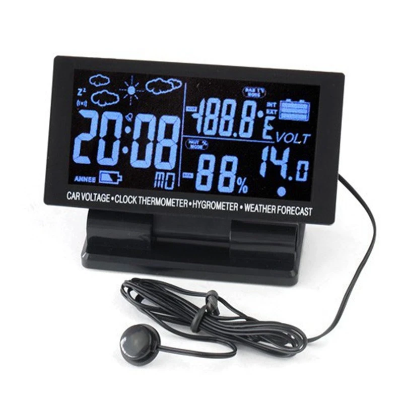 12V Liels LCD Ciparu Auto Termometru, Higrometru 4in1 Transportlīdzekļu Laika Prognoze Sprieguma Modinātājs Atlikšanas Monitors Ar Paketi