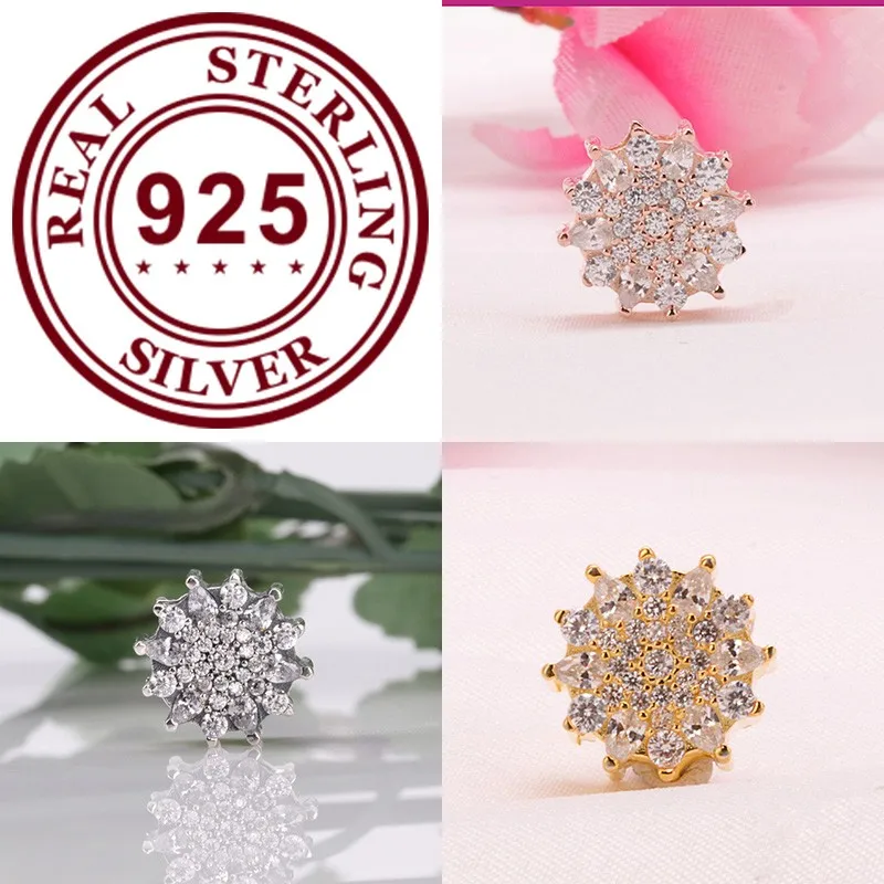 Sākotnējā 925 Sterling Sudraba Pērlītēm Rose Gold Crystal Ziedu Krelles Fit Pandora Sievietes Aproce & Kaklarota Diy Rotaslietas