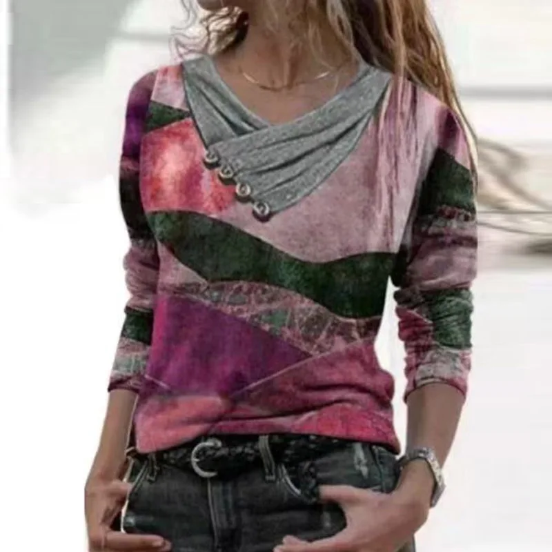 3XL Vintage Modelis Drukāt Sievietes, V-veida Kakla Topi Pavasara Gadījuma Pogu Long Sleeve Tee Kreklu Rudens Brīvs T Krekli Džemperi sporta Krekls
