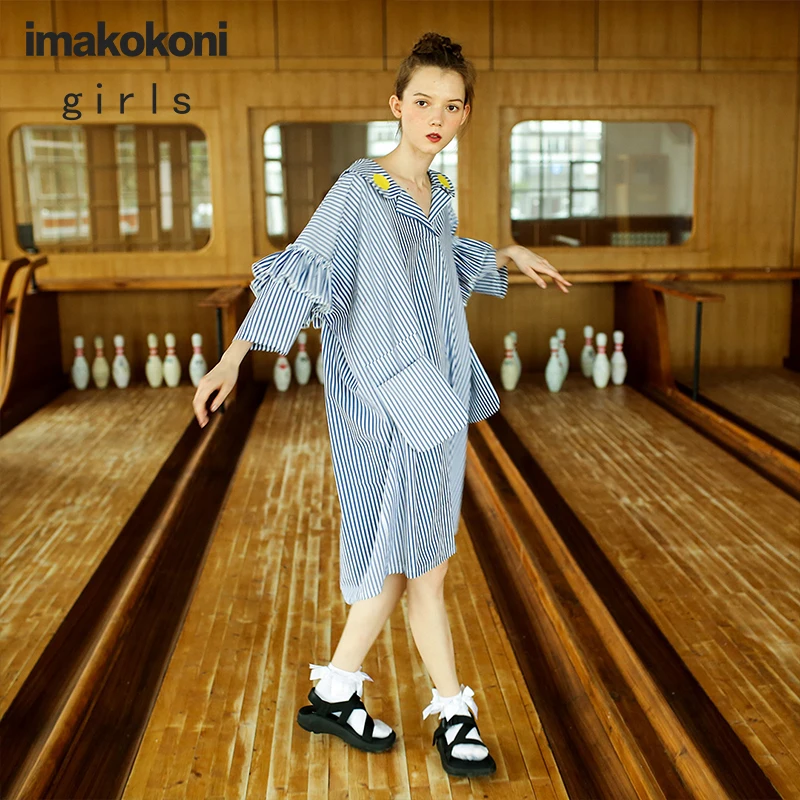 Imakokoni zilā un baltā svītrainām vidēja garuma kleita sieviešu vasaras oriģināls sieviešu apģērbu plašu gadījuma brīvs
