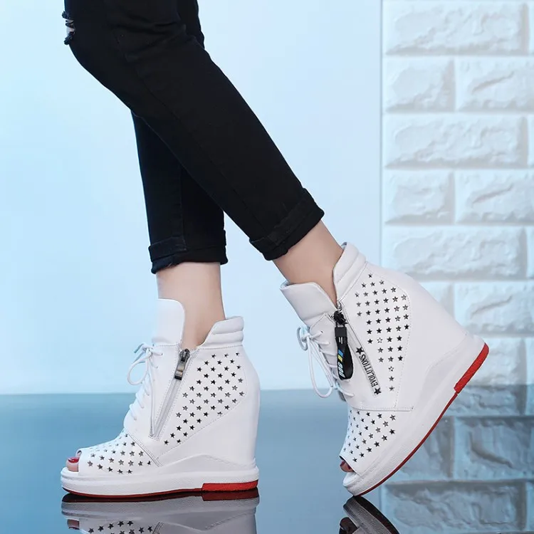 Īstas Ādas Sieviešu Modes Potītes Zābaki Elpojošs Kurpes Platformas augstpapēžu kurpes Lady Platformas kurpes Sieviešu vasaras zābaki peep toe