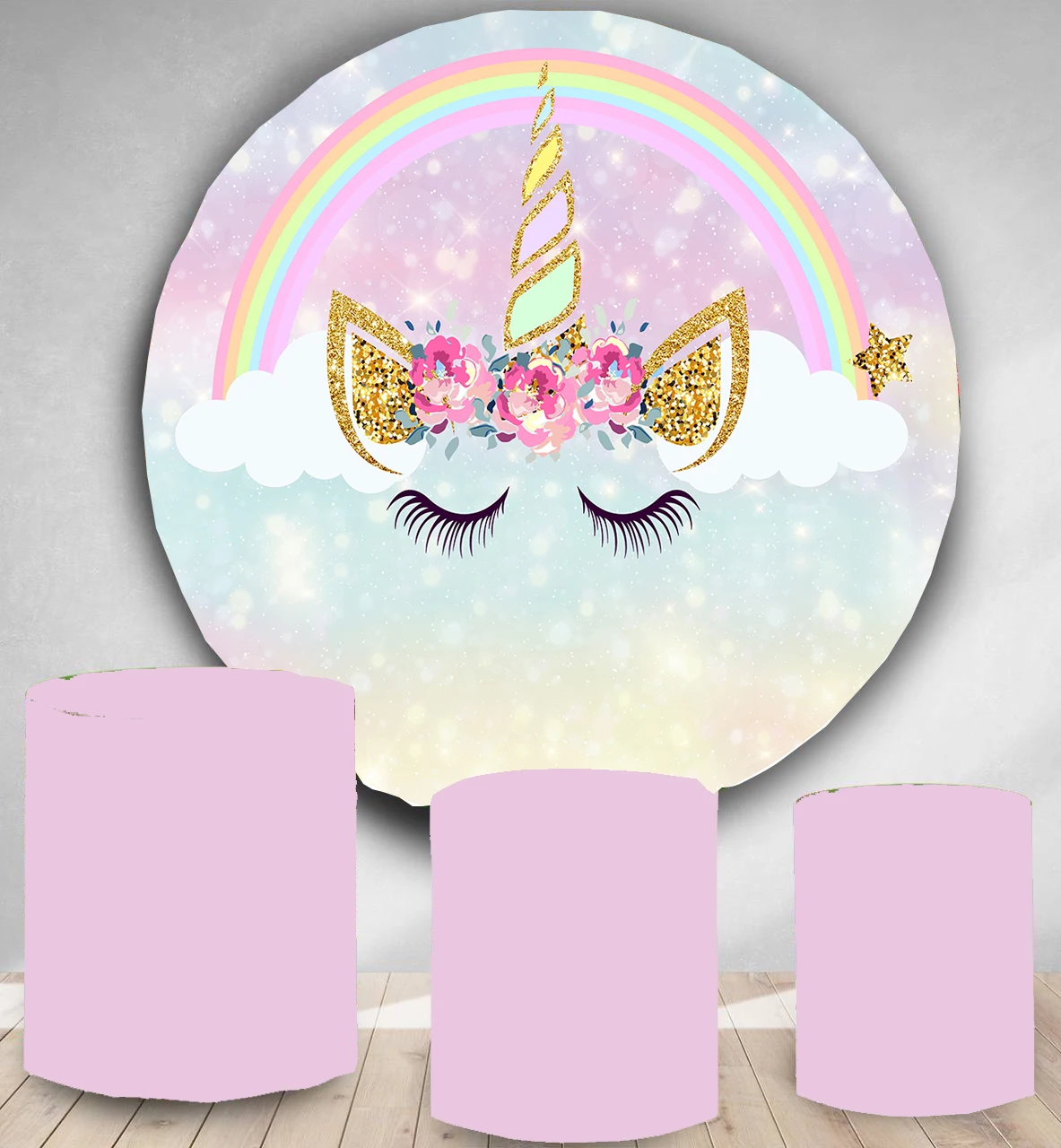 Apaļa Apaļa Paneļa fona apļa fona varavīksnes vienradzis tēmu dzimšanas dienas svinības dekori bērnu dušas poliestera auduma, vinila