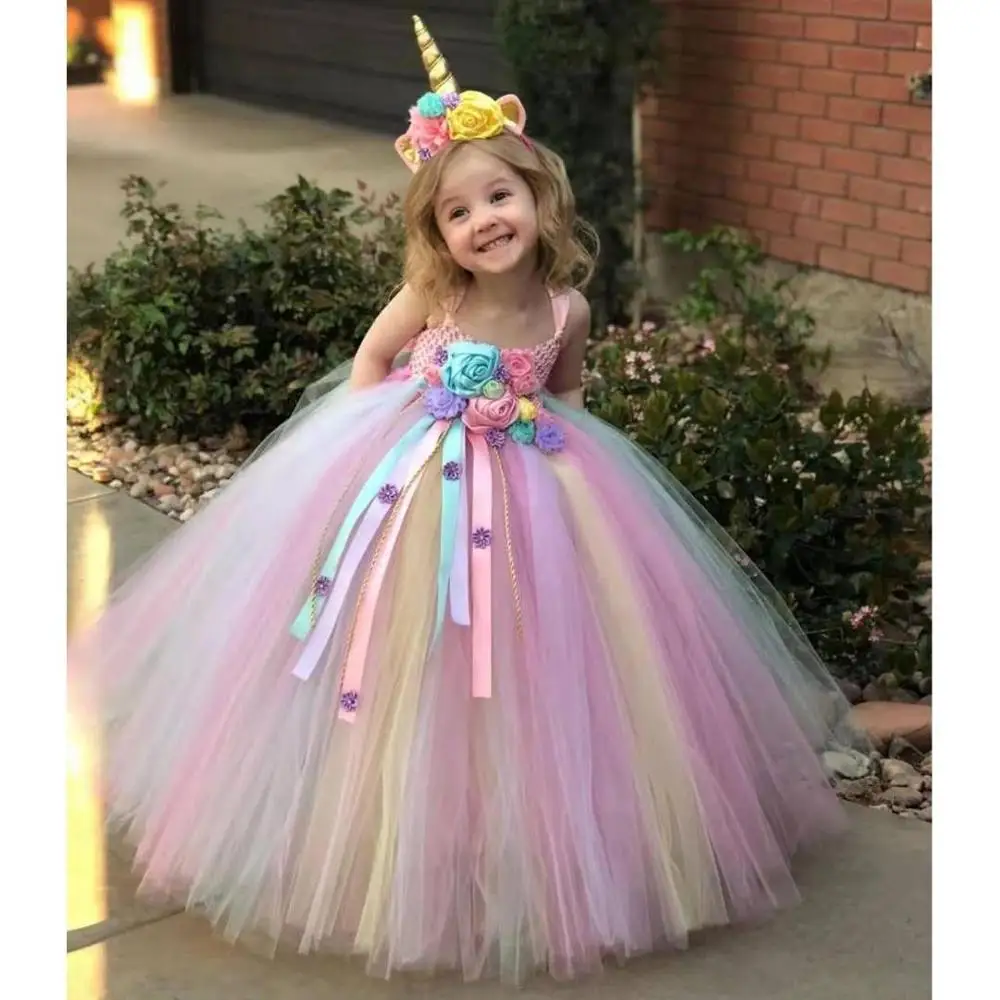 Jauki meitene, gara kleita Unicorn matu joslā ziedu kleita princese, dzimšanas dienas svinības kleitas, vakara kleitas, Kāzu, Dzimšanas dienu un neto dzijas