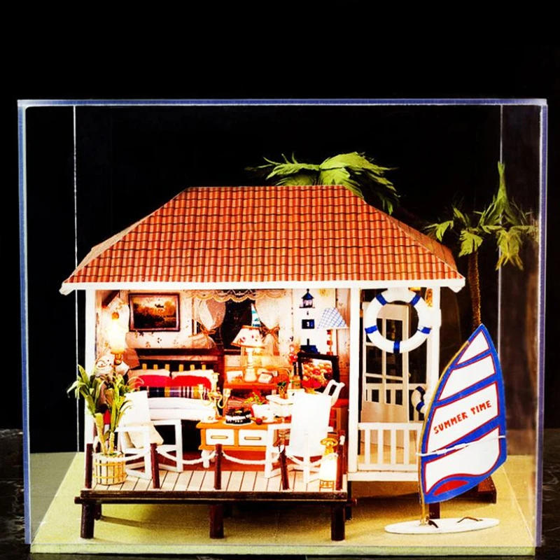 DIY Koka Miniatūra Leļļu Nams Komplekts Piejūras Māju Būvniecība Montāža Modeļa Komplekta Mājas Dekorēšanai Ziemassvētku Dāvanas Dzimšanas dienā