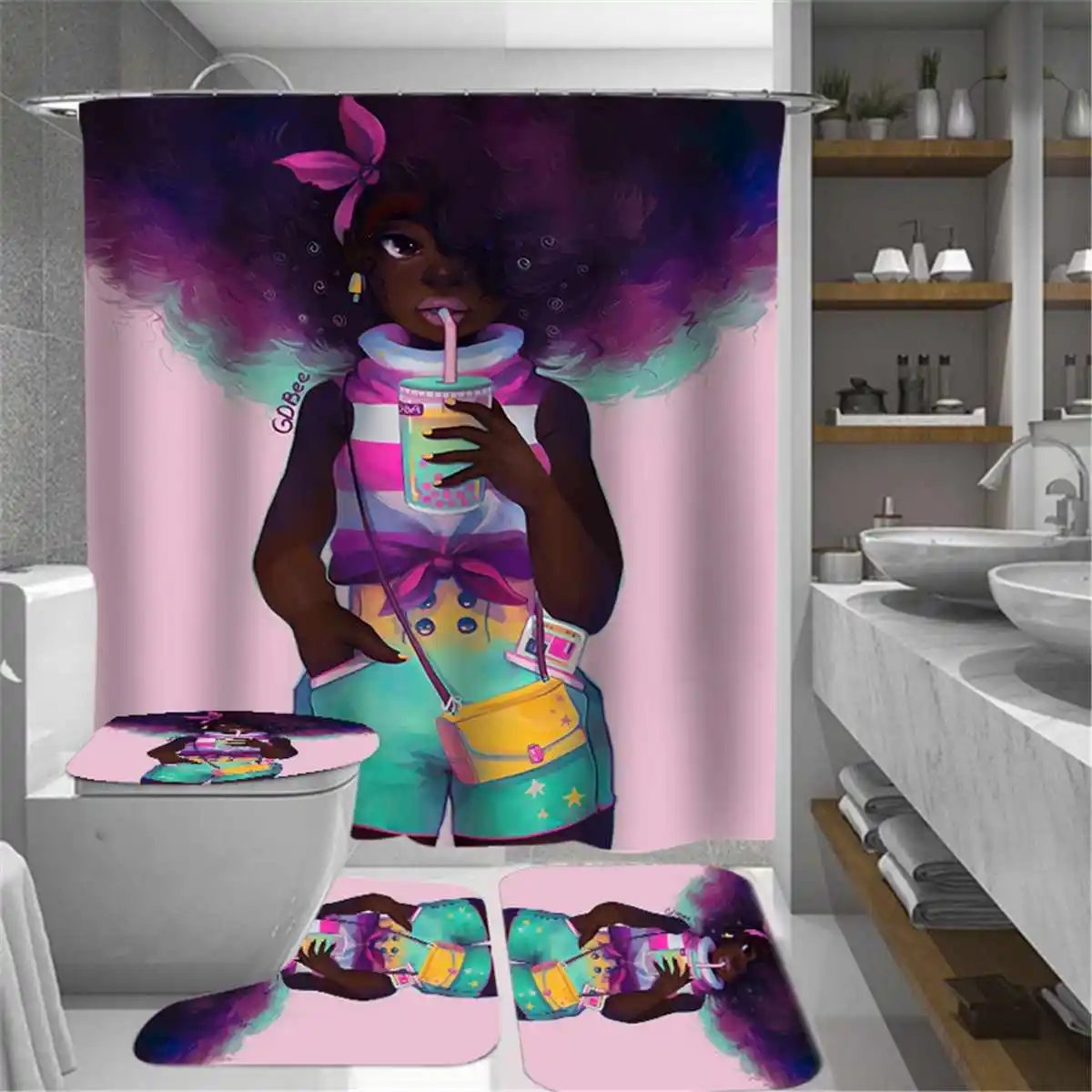 180Cm Sexy Āfrikas Meitene, Vannas Paklāji, Paklāji Uzstādīt Paklāju Komplekts Dušas Aizkars Tualetes Vāka Vannas Mat Paklājs Pret Pelējuma Bez Slīdēšanas Mājas Dekoru