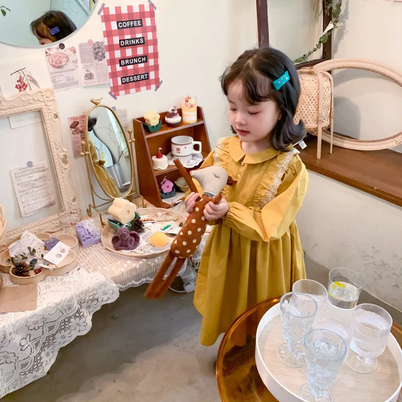 Korejiešu stilā Pavasara Jaunās Meitenes Retro Mežģīnes Raibs Princese Kleita 1-5 Gadu laikā Mazā Princese Savukārt Apkakle Puse Kleitas