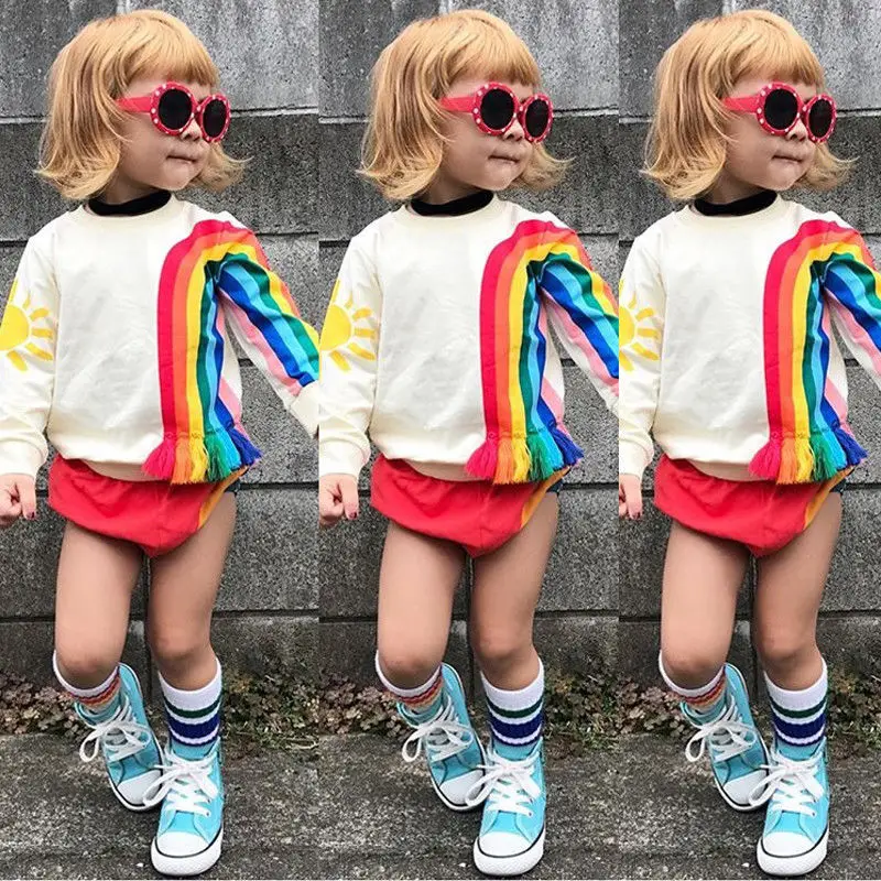 Varavīksnes Hoodies Baby Girl Bērnu Modes Pušķis Džemperis Rainbow Sporta Krekli, Topi, Drēbes Ar Garām Piedurknēm Krekls Rudens Tērpiem