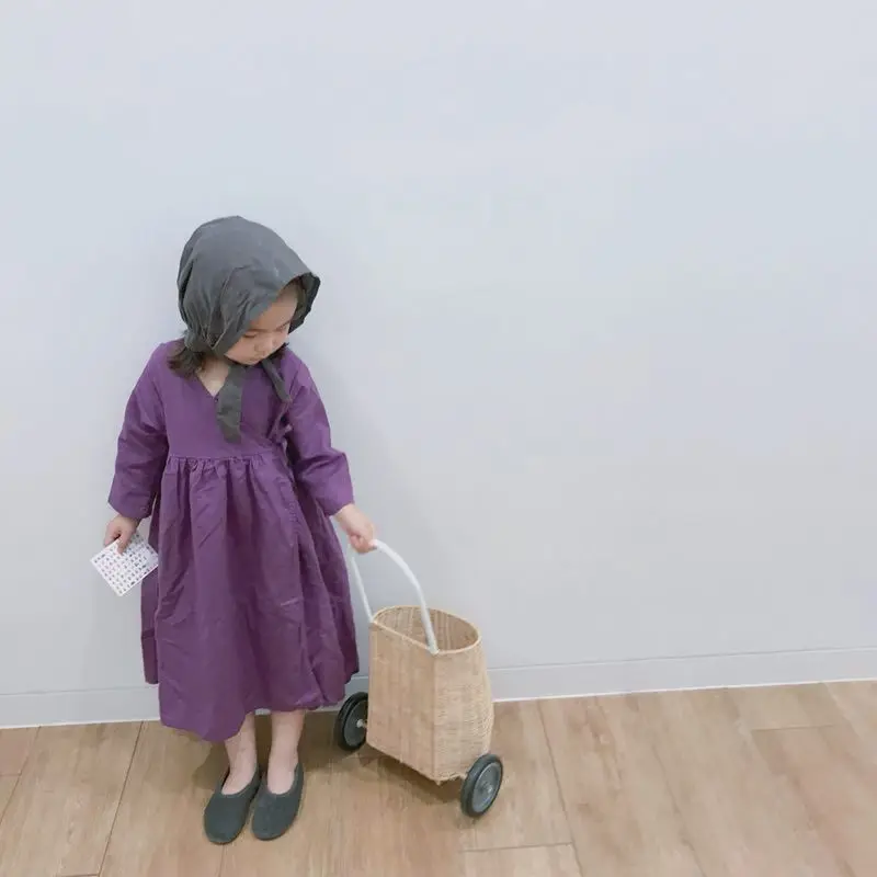 2019. gada Rudenī Bērnu Kokvilnas Veļu, Gara kleita Retro Daļēju Atloks Jumpsuit Gara kleita meitenēm kleita