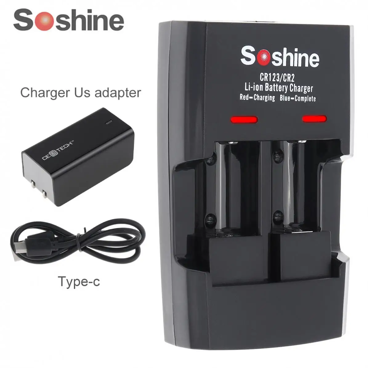 Soshine SC-S5 2 Sloti Li-ion RCR123 / RCR2 Ātra Akumulatoru Smart Lādētāji 14250 / CR2 / 16340 / 17335 / 15266 Akumulators