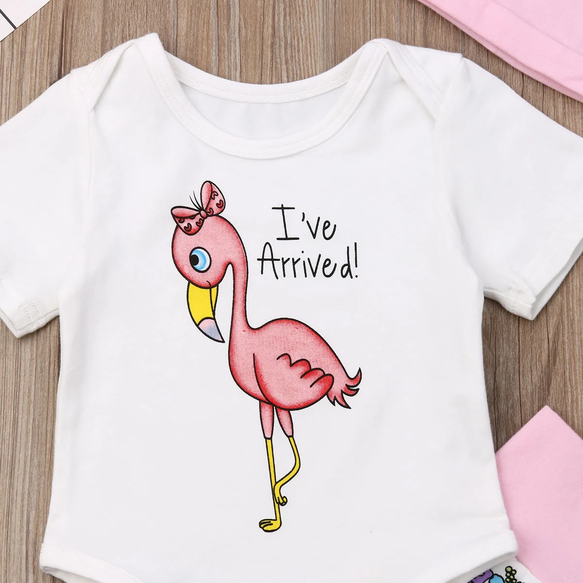 Modes 4GAB/Set Baby Girl Auduma Jaundzimušais Meitene Flamingo Romper Topi Garas Bikses Galvu, Cepure, Apģērbs, Drēbes