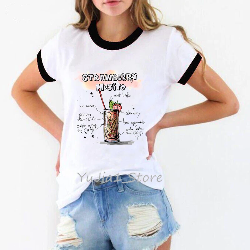 Smieklīgi zemeņu mojito drukāt sieviešu t krekls 90s tumblr drēbes sieviešu vasaras stils tee kreklu femme grafiskais tshirt balts t-krekls