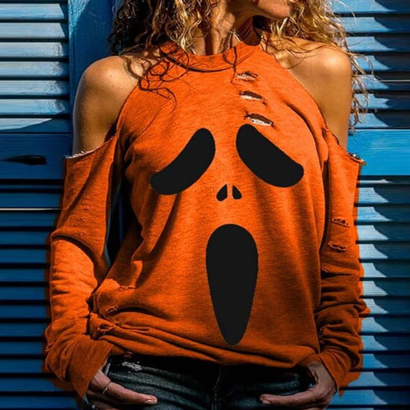 Modes Halloween Ghost Drukāt Blūze Krekli, Sieviešu Rudens Garām Piedurknēm Dobi No Topi Džemperi Gadījuma Pie Pleca O-Veida Kakla Blusas