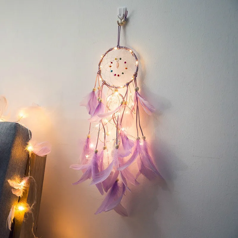 Indijas Sapņu Ķērājs pasaku LED Gaismas Spalvu Dreamcatcher Meitene Istabā Bell Guļamistaba Romantiskā Karājas Decorat