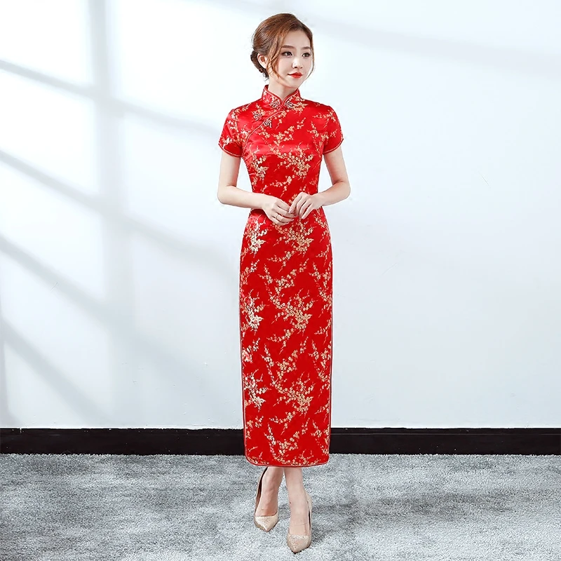 Sarkana Ķīniešu Līgava Kāzu Kleitu Sexy Sievietes Satīna Garas Piedurknes Vakara Pusei Qipao Cheongsam Ziedu Oficiālu Sociālo Vestidos