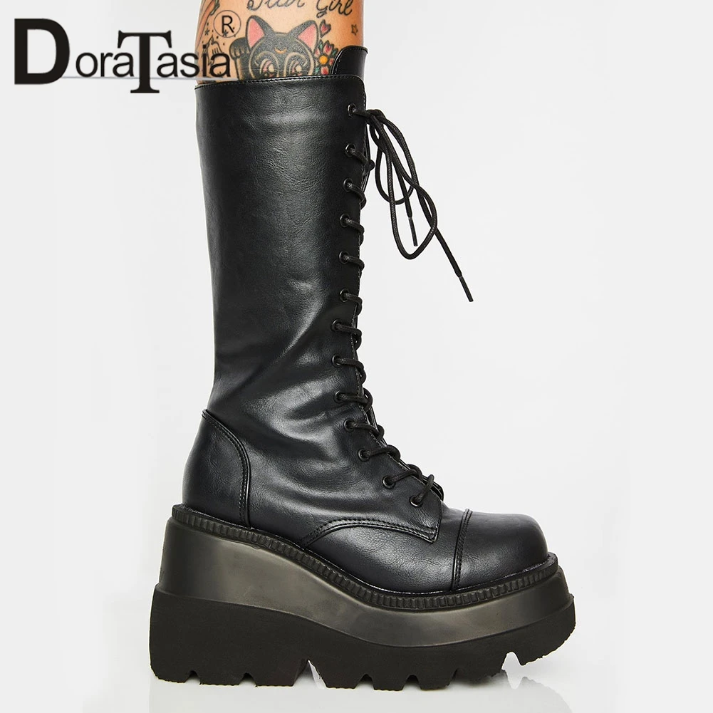 DORATASIA Liela Izmēra 35-43 Pavisam Jaunu sieviešu Augstās Platformas Zābaki Modes shoelace augstpapēžu Kurpes Sievieti Biezu Grunts Ķīļi Zābaki