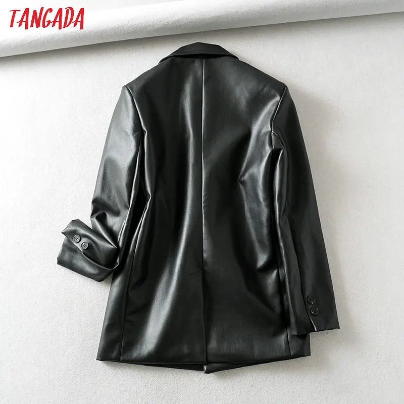 Tangada sievietes melna mākslīgās ādas sieviešu žakete ar garām piedurknēm, elegants jaka dāmas ikdienas žakete tērpi 6A41