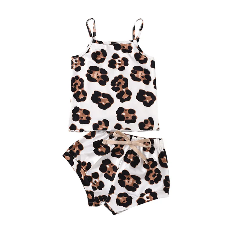 Vasarā Bērniem Baby Girl Apģērbu Komplekti Ziedu Leopards Drukāt bez Piedurknēm Kultūraugu Top Šorti 2GAB Apģērbi