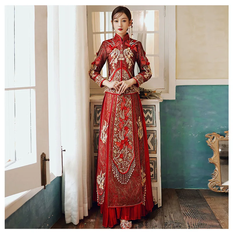 FZSLCYIYI Fāzēm, Izšuvumus, Aplikācijas Formālu Kleita Royal Kāzu Cheongsam Līgava Vintage Ķīniešu Tradicionālās Tang Uzvalks Qipao