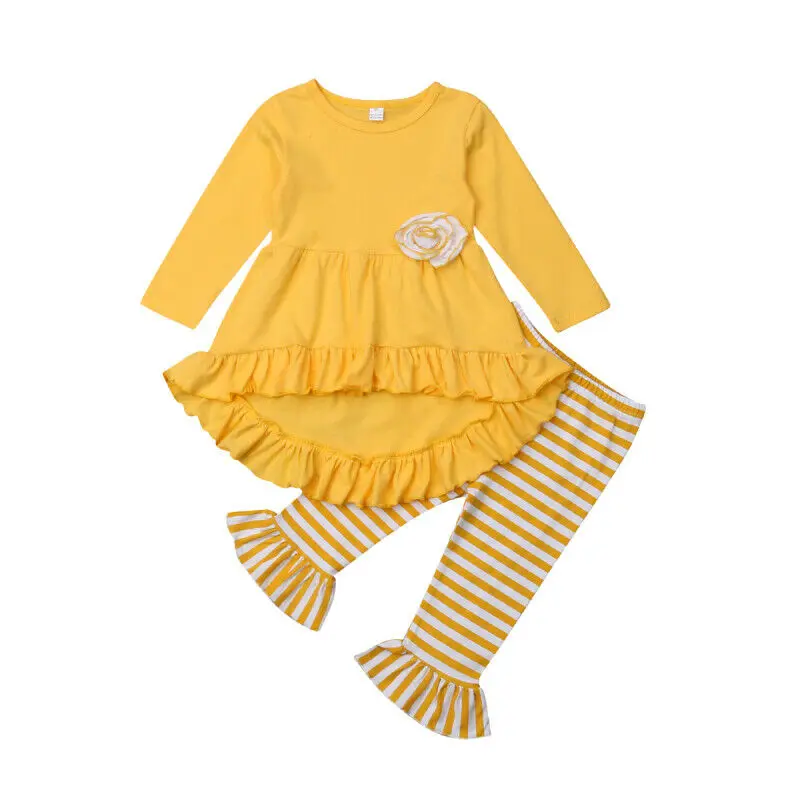 2GAB Bērniem, Baby Meitenes ar garām Piedurknēm Topi Kokvilnas T-krekls Cēloņu 3D Ziedu Kleitu Svītrainām Savirmot Bikses Apģērbs, Apģērbu Komplekts 3-7T
