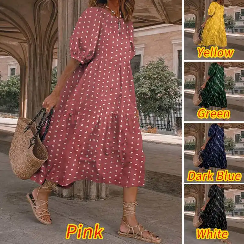 Vintage Kleita Sievietēm'Sundress Puff Piedurknēm Polka Dot Iespiesti Vasaras Kleita ir 2021. VONDA Gadījuma Vestidos Plus Lieluma Drēbes Femme