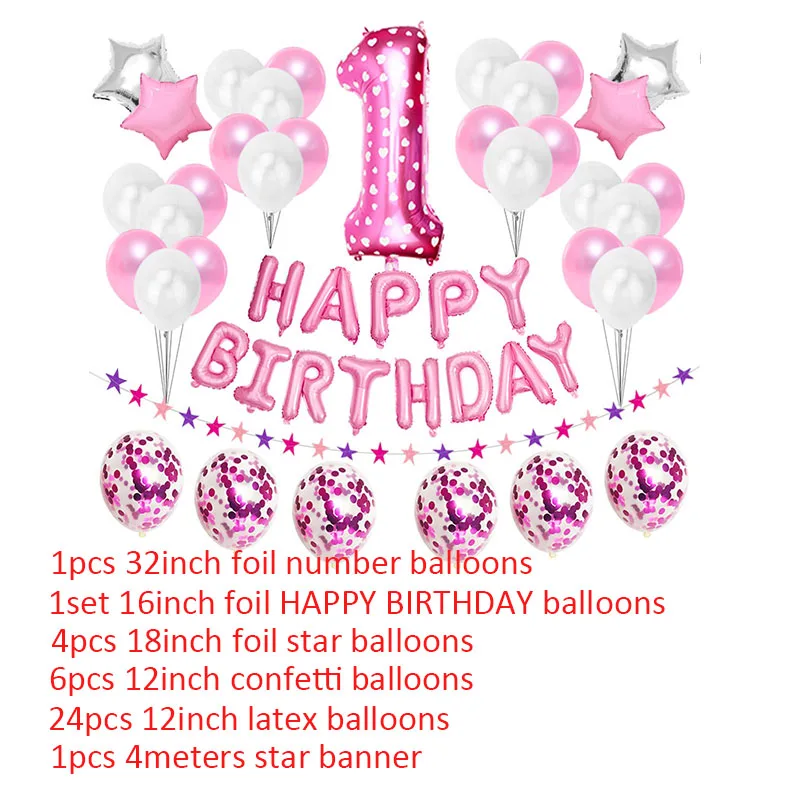 37pcs Rozā Skaits 1 Folijas Lateksa Baloni Uzstādīt Pirmās Dzimšanas dienas Puse Rotājumi Mans Viens Gads 1. Bērns Princese Meitene Zēns Piederumi